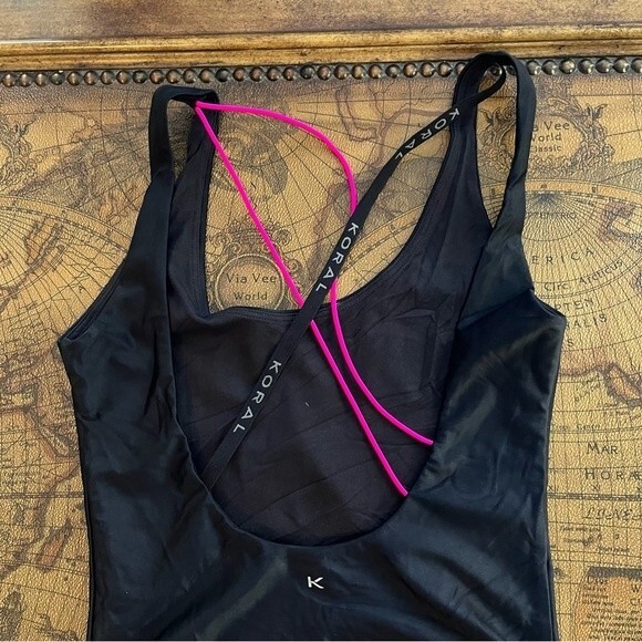 Koral Womens Black size S Thong Bodysuit Open Back Neon Strap Stretch Gym Swim - Picture 6 of 8